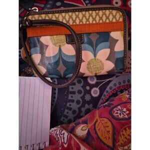 Vintage Fossil Key Per Floral Print C O ated Canvas And Leather Wrislet Wallet